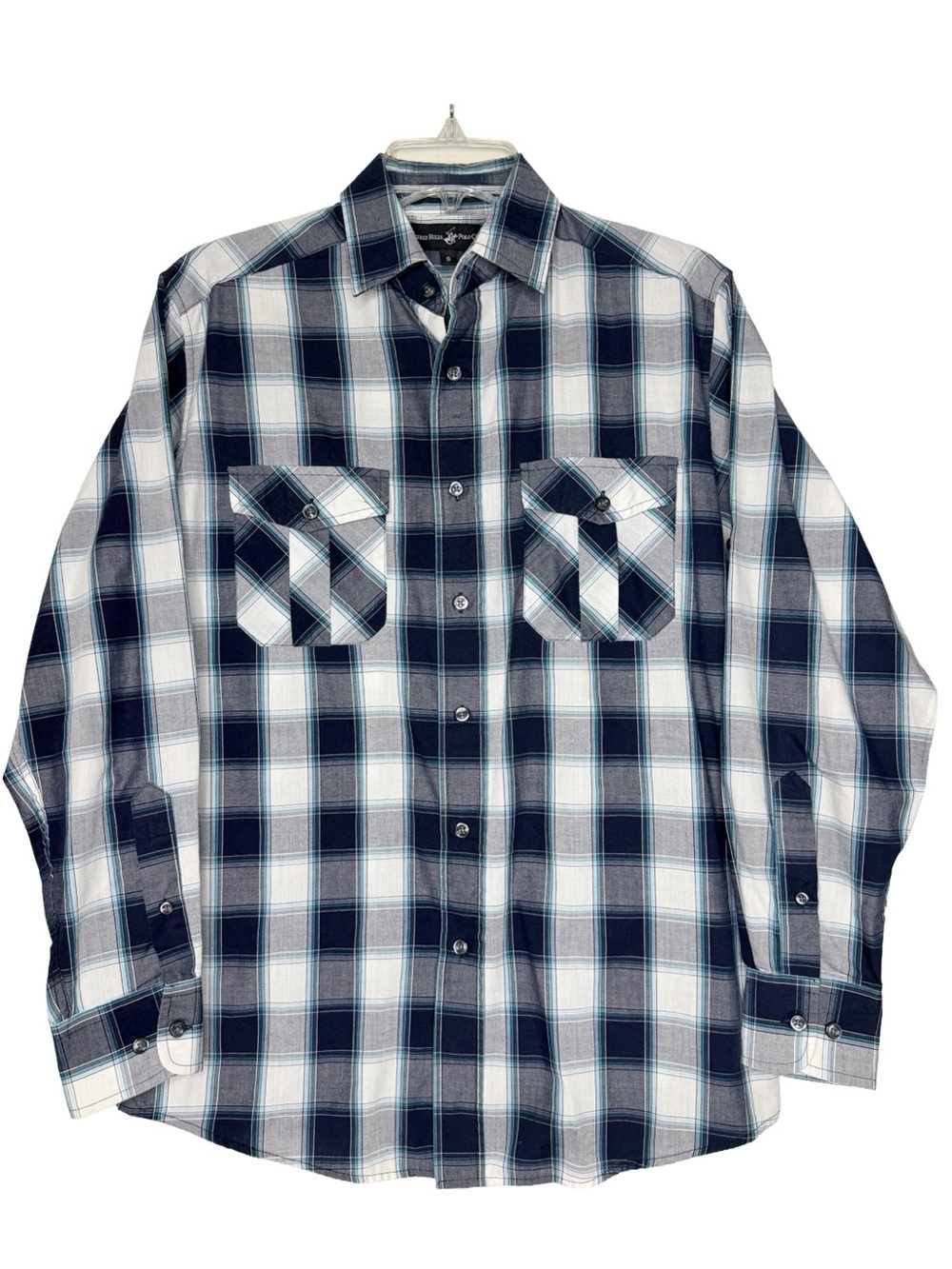 EUC-Beverly Hills Polo Club Blue White Plaid Long Sleeve Button Up Dress Shirt S